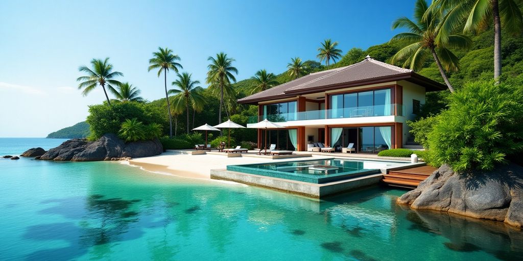 Beachfront villa in Phuket with lush gardens and pool.