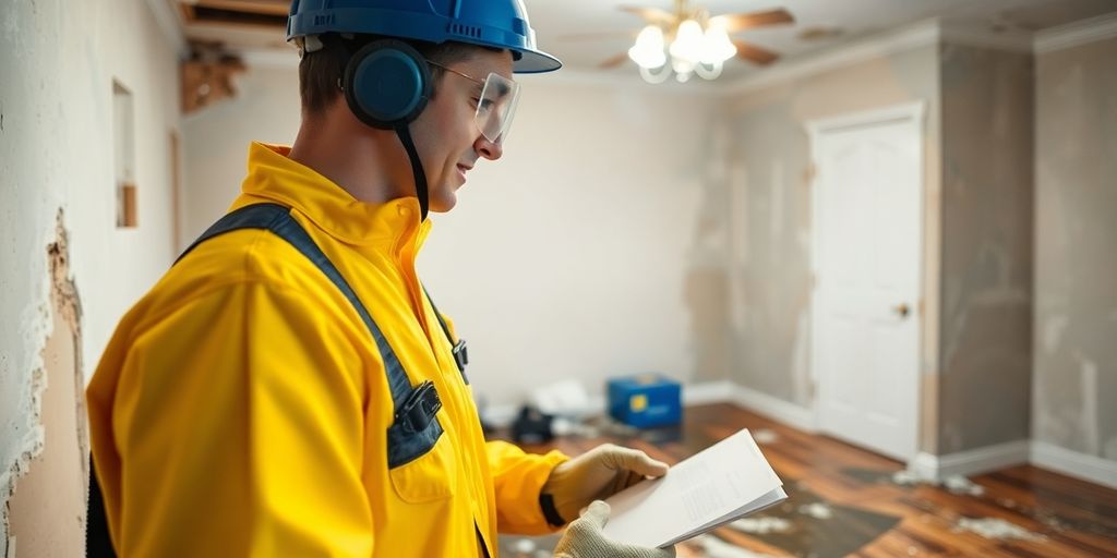 Water damage restoration contractor inspecting affected area.