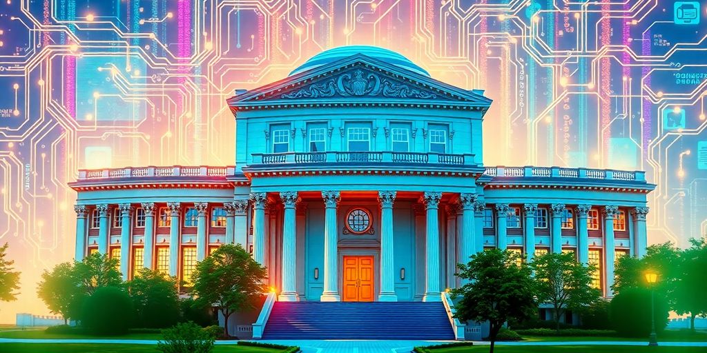 Futuristic government building integrated with blockchain technology.