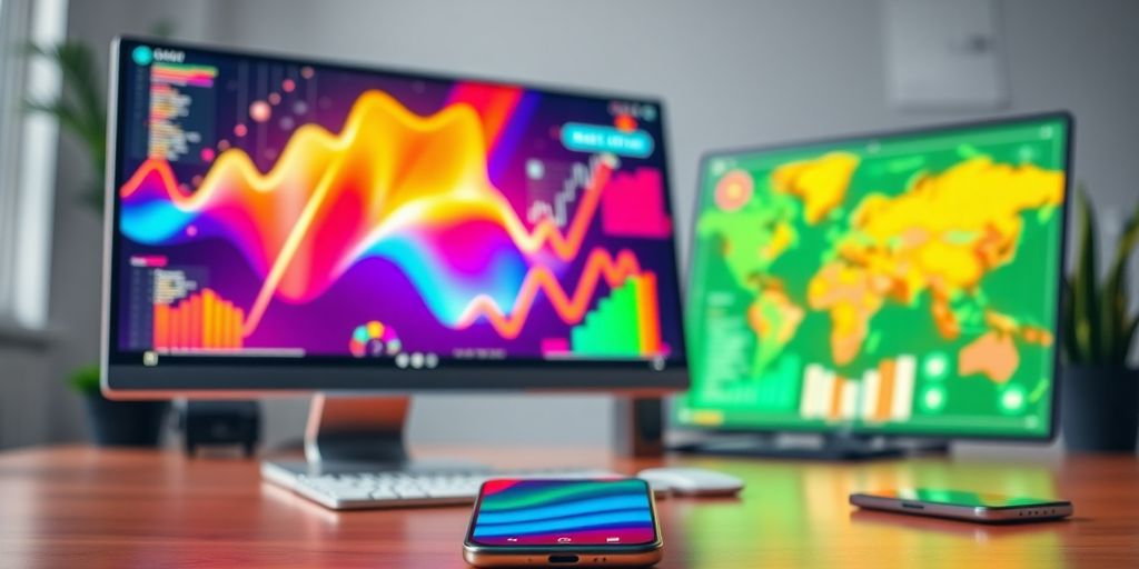 Digital marketing workspace with modern technology and graphics.