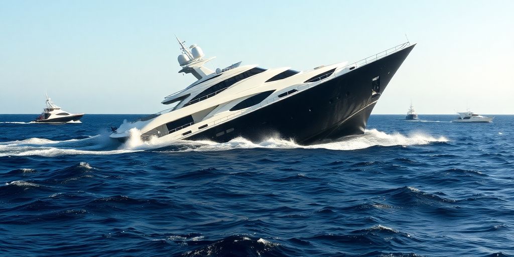 Luxury yacht partially submerged in blue ocean water.