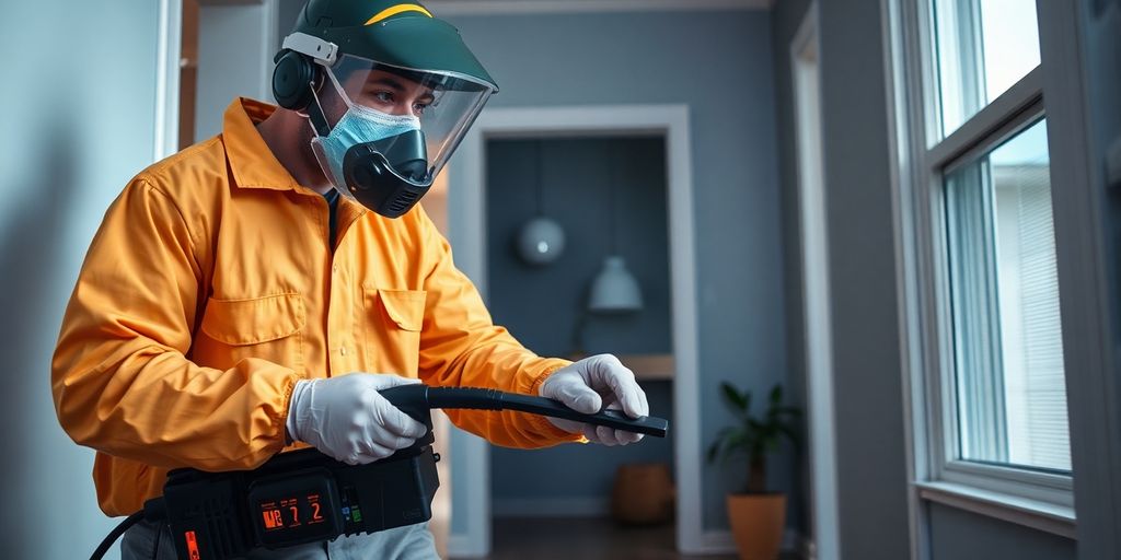 Tehnician deratizare in actiune intr-o casa.