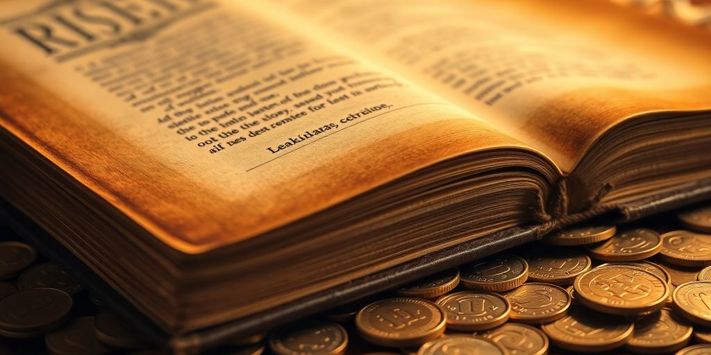 Livre ancien sur une pile de pièces d'or.