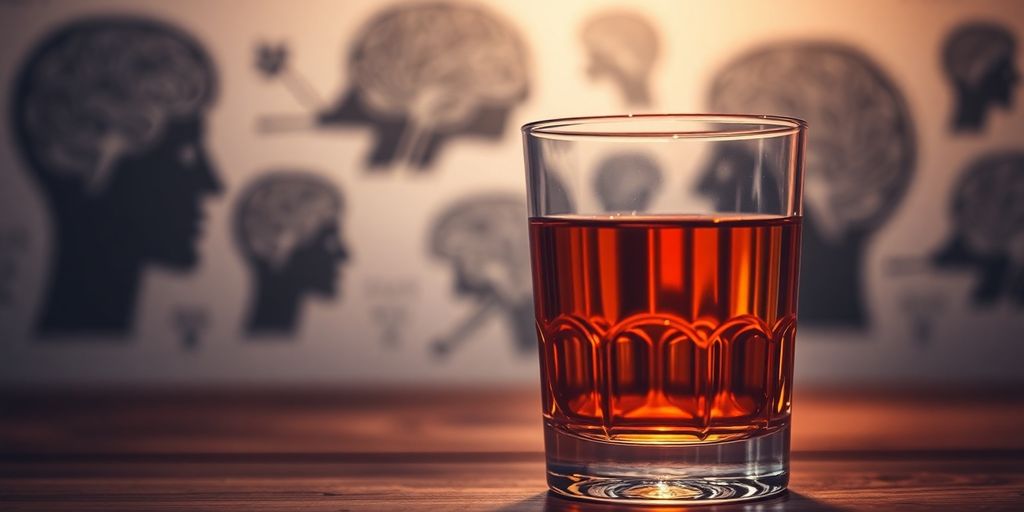 Whiskey glass with brain silhouettes in the background.