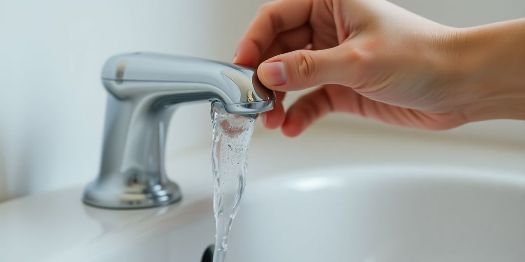 Une main ouvrant un robinet d'eau dans une salle de bain.