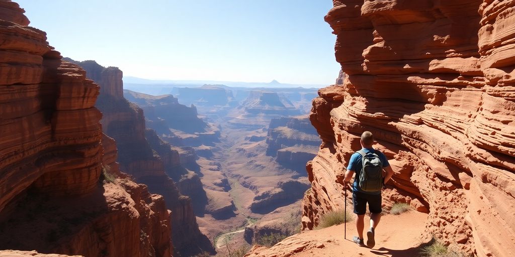 A hiker on the steep, winding Bright Angel Trail.
