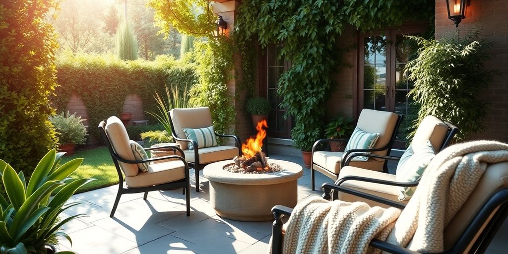 Cozy patio with Home Depot outdoor furniture.