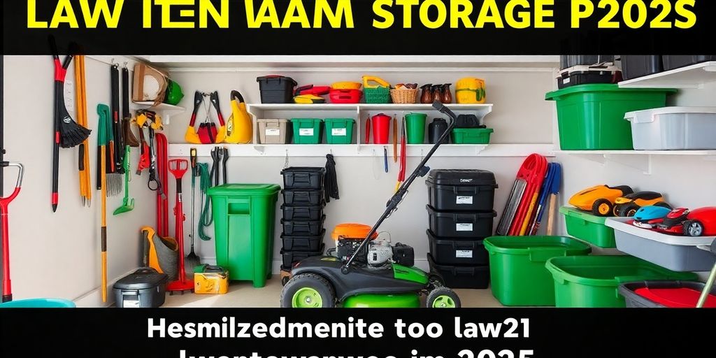 Organized garage with grass cutter and gardening tools.