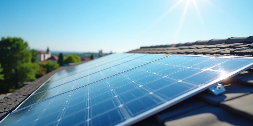 Photograph of solar panels on a rooftop.