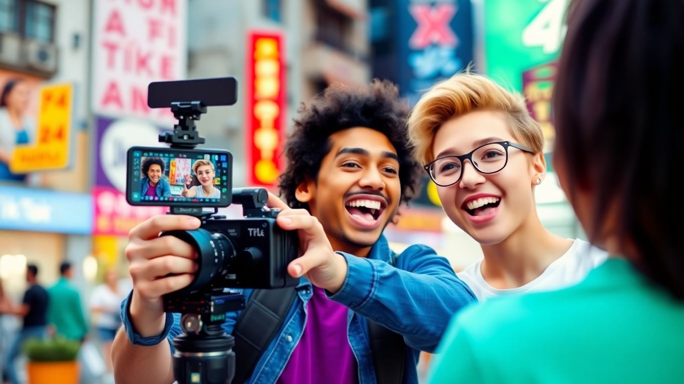 Content creator filming a TikTok video in an urban setting.