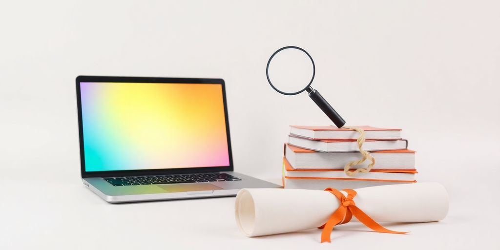 Laptop, magnifying glass, diploma, and glowing light.