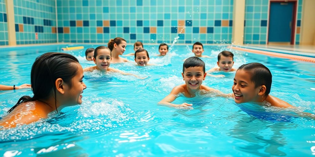 Children and adults enjoying swimming lessons in an Edmonton pool.