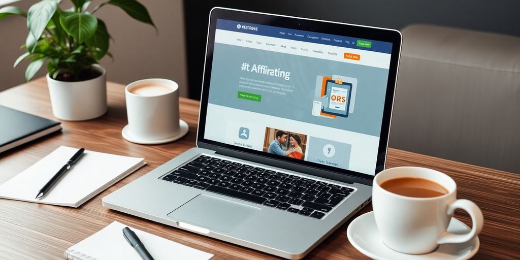 A laptop showing an affiliate marketing website with coffee.