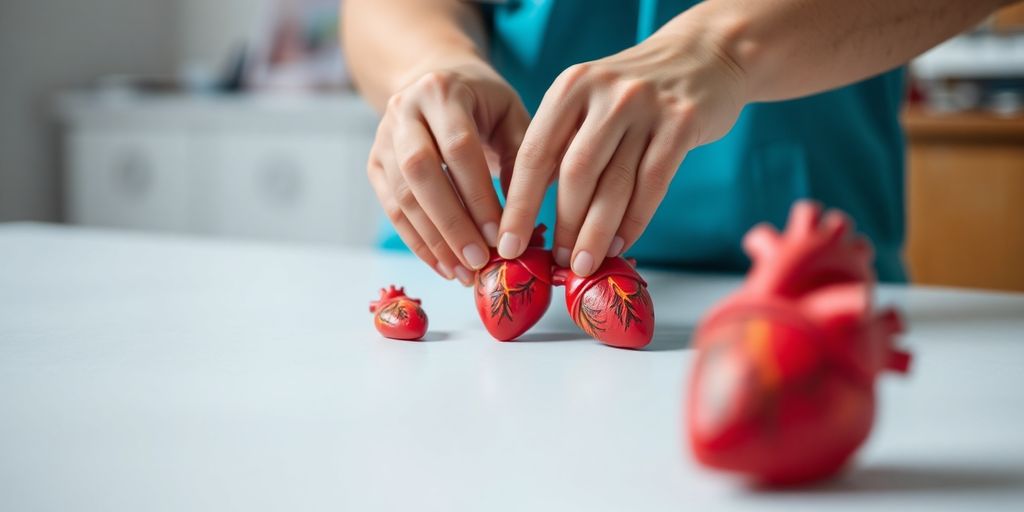Medical assistant arranging heart models.