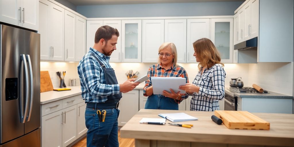 Contractor and homeowner discussing kitchen renovations.