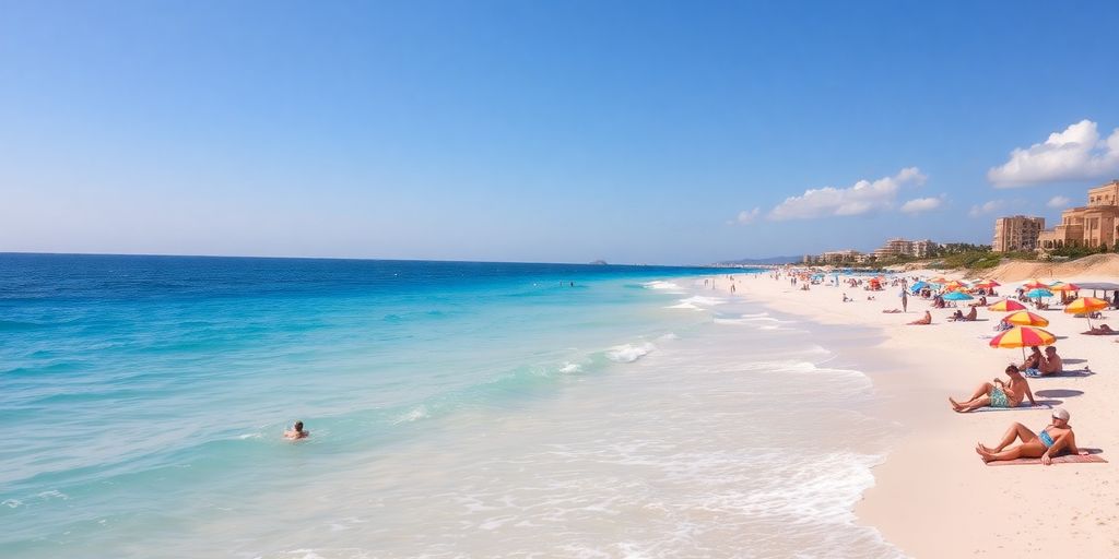 Tourists relaxing on a sunny Cabo beach.