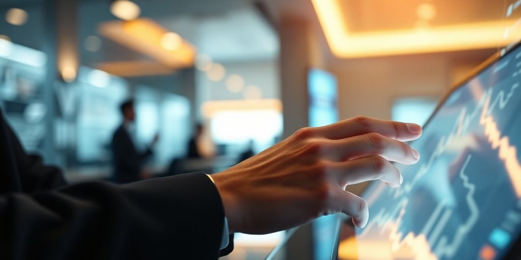 Hands interacting with a glowing digital screen in a financial setting.