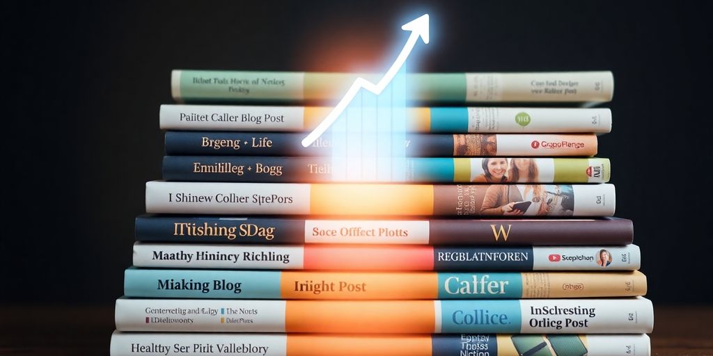 Stack of blog posts with a rising SEO graph.