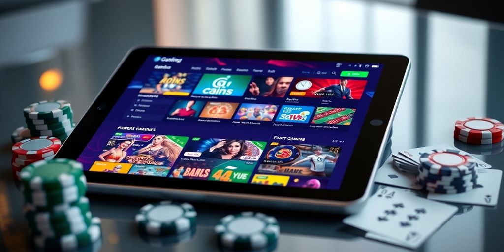 Digital tablet with online gambling interface and accessories.