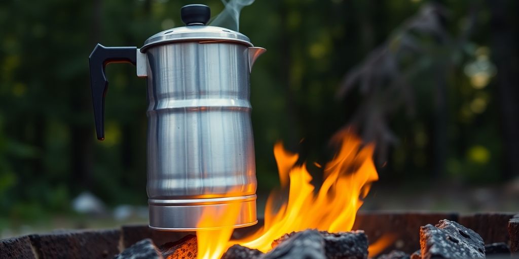Aluminum camping percolator on a campfire, forest background.