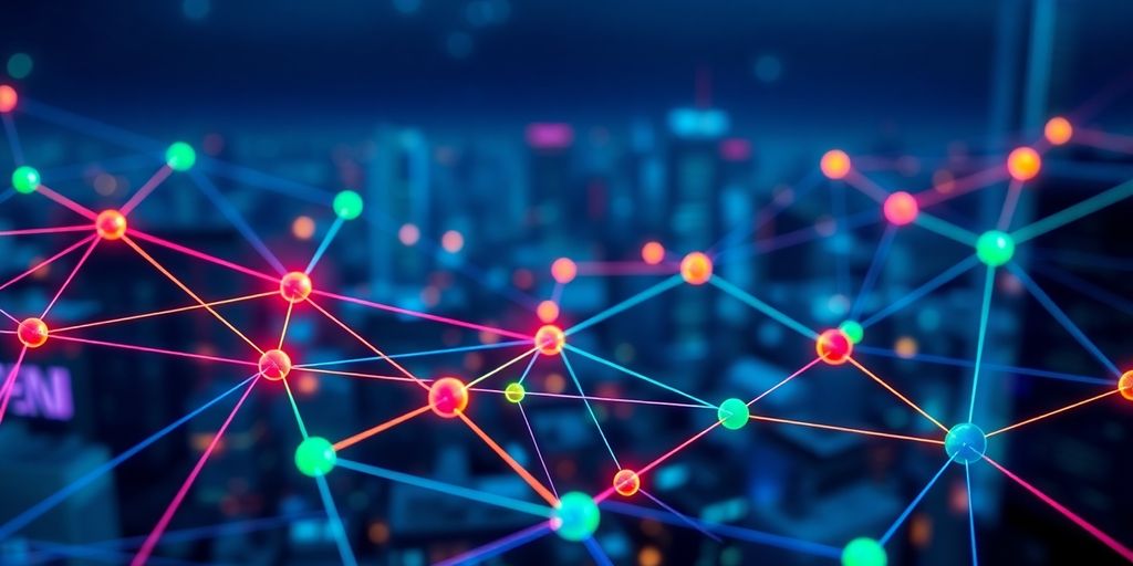 How A Layer 1 Monad Blockchain Can Be Next Big Wave? 4 Futuristic blockchain network with interconnected nodes and colors.