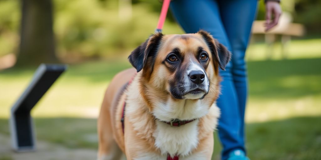 Calm dog on leash with owner outdoors.