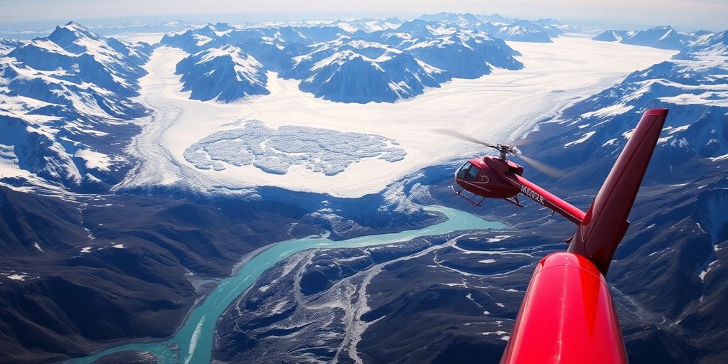 A red helicopter flying over a massive Alaskan glacier.