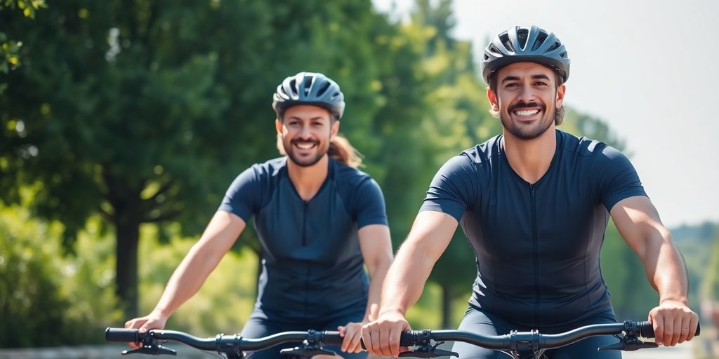 Man and woman cycling outdoors, smiling.
