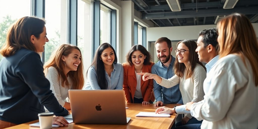 Young professionals collaborating in a modern office environment.