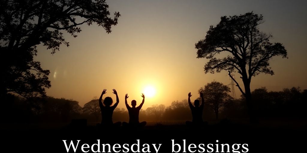 Silhouettes of people in a tranquil sunrise landscape.