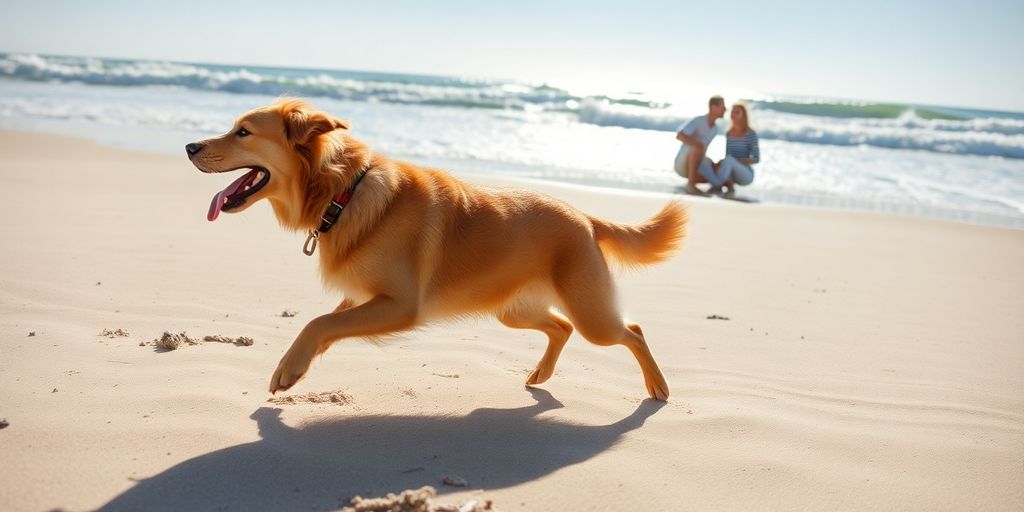 Hund spielt am Strand mit Sonnenlicht und Wellen.