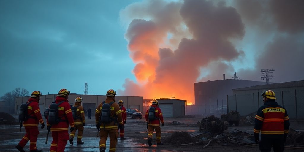 Emergency responders at Rheinmetall factory blast site.
