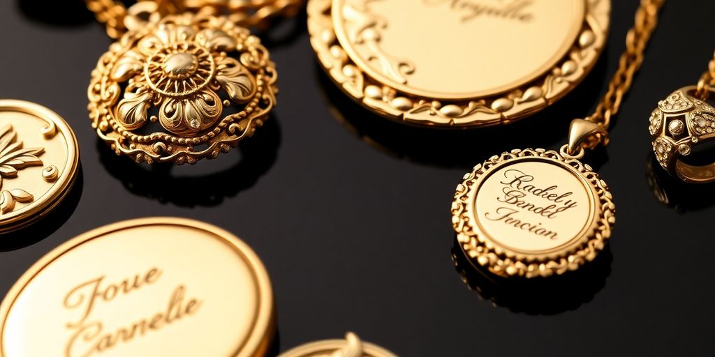 Collection de bijoux en or gravés de manière personnalisée.