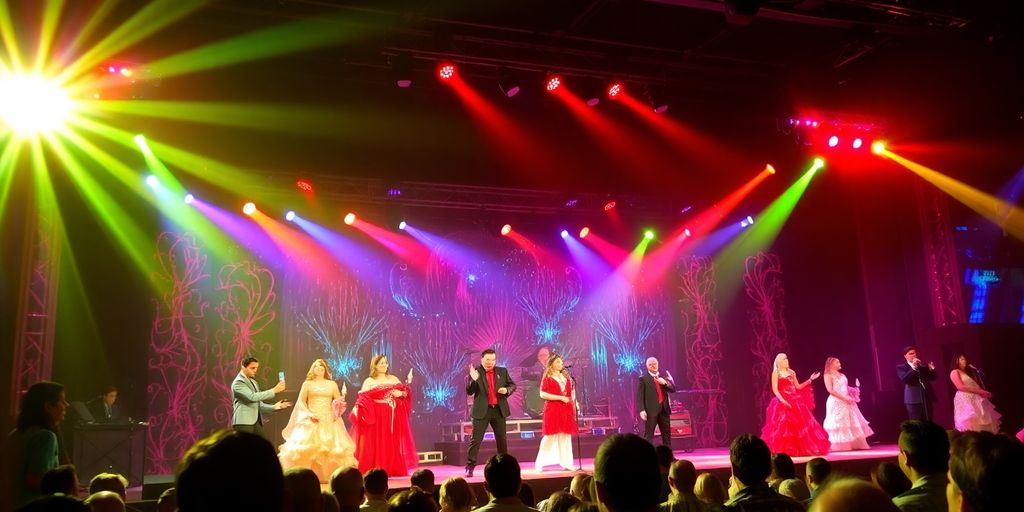 Performers in costumes on stage at a Branson show.