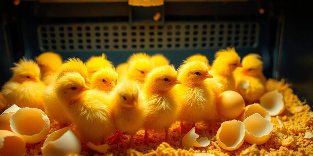 Newly hatched chicks emerging from eggs in an incubator.