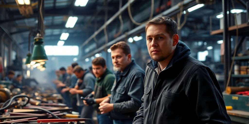 Workers in a bustling factory environment, showing activity.