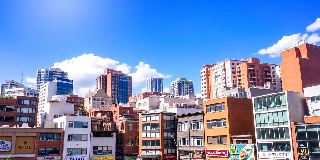 Edificios de negocios coloridos en un día soleado.