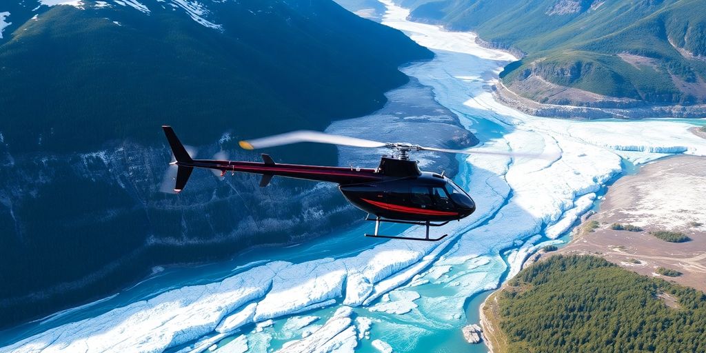 A helicopter flies over a vast Alaskan glacier and mountains.