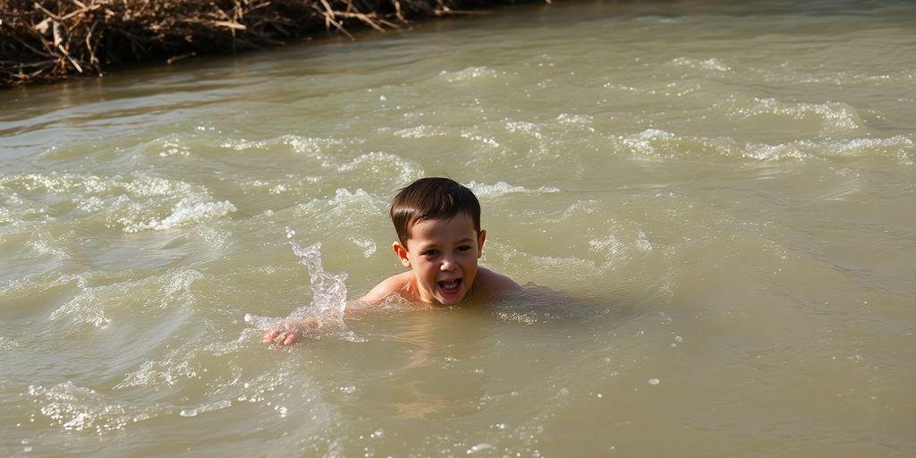 Enfant nageant dans une rivière dangereuse.