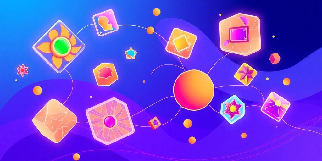 Colorful digital art pieces connected by flowing lines.