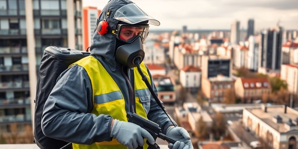 Tehnician de dezinsectie in București cu echipament de protecție.