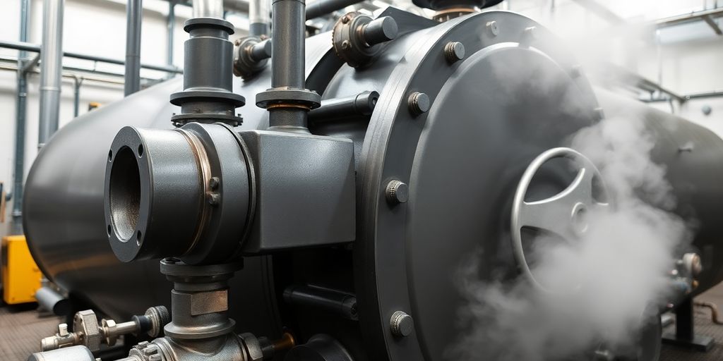 Industrial steam boiler with visible pipes and steam.