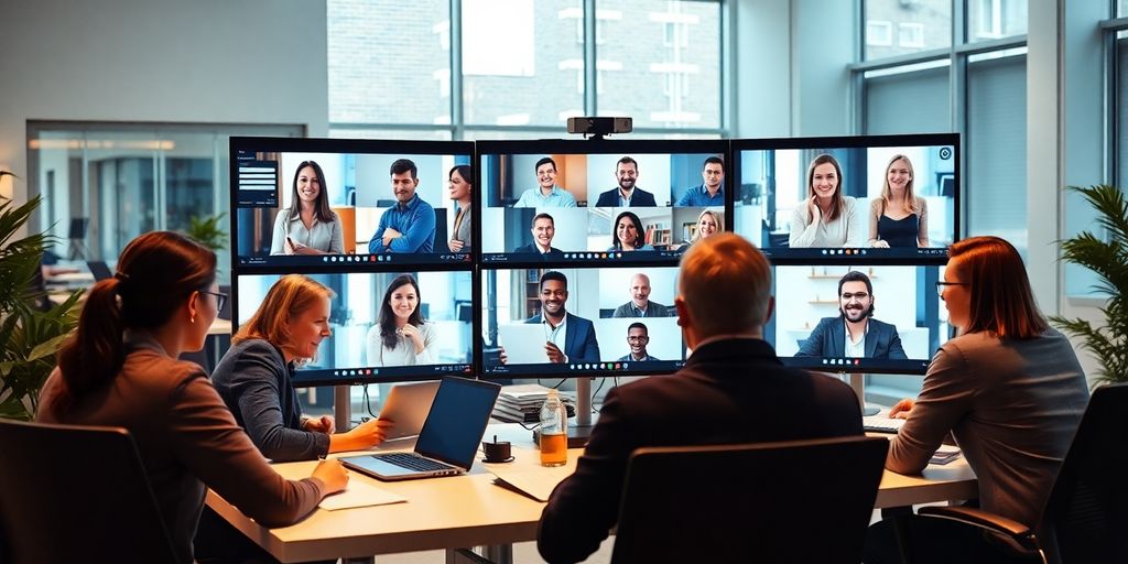 Diverse professionals on video call in modern office setting.