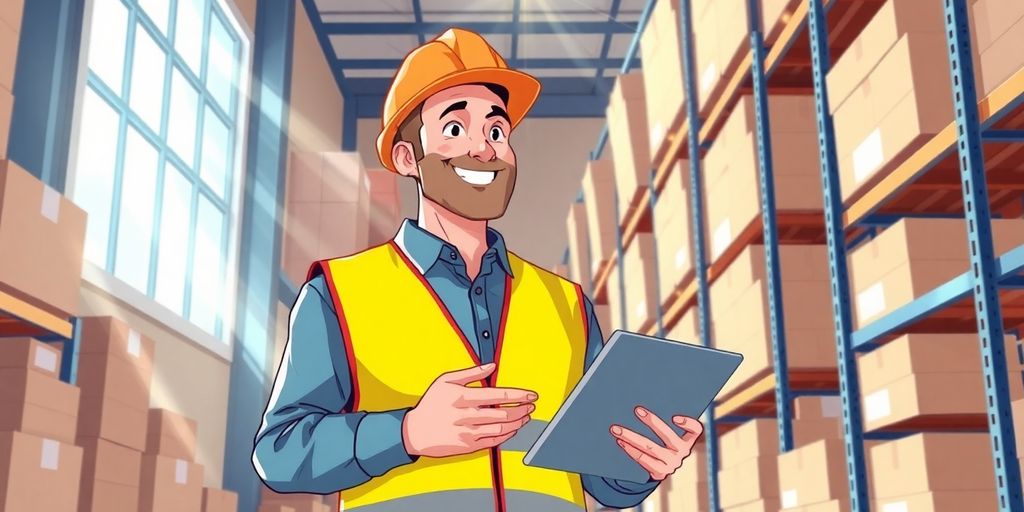 Man in a warehouse, smiling, looking at inventory.