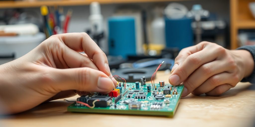 Close-up of hands assembling electronic components.