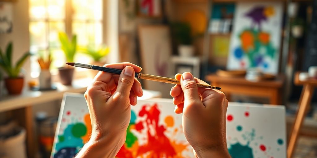 Artist's hands painting with colorful strokes on a canvas.