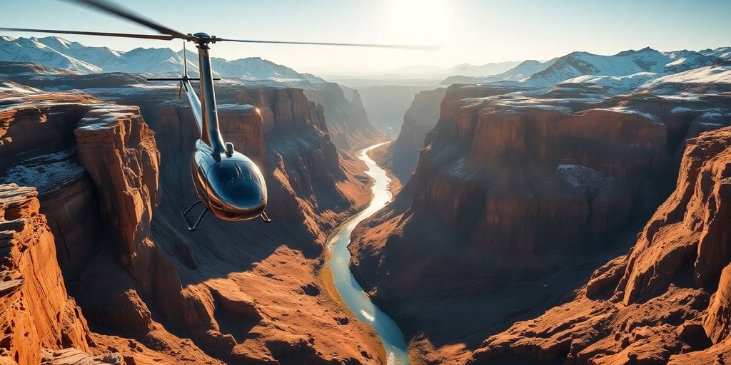A modern helicopter flies over a vast wilderness canyon.