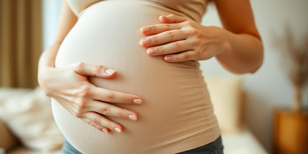 Pregnant woman wearing compression garment, feeling comfortable.