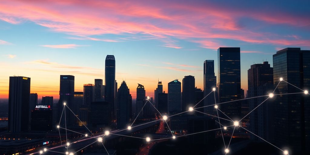 Modern city skyline with glowing digital connections.