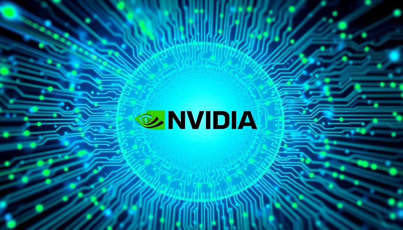 Nvidia logo with futuristic AI circuit patterns background.